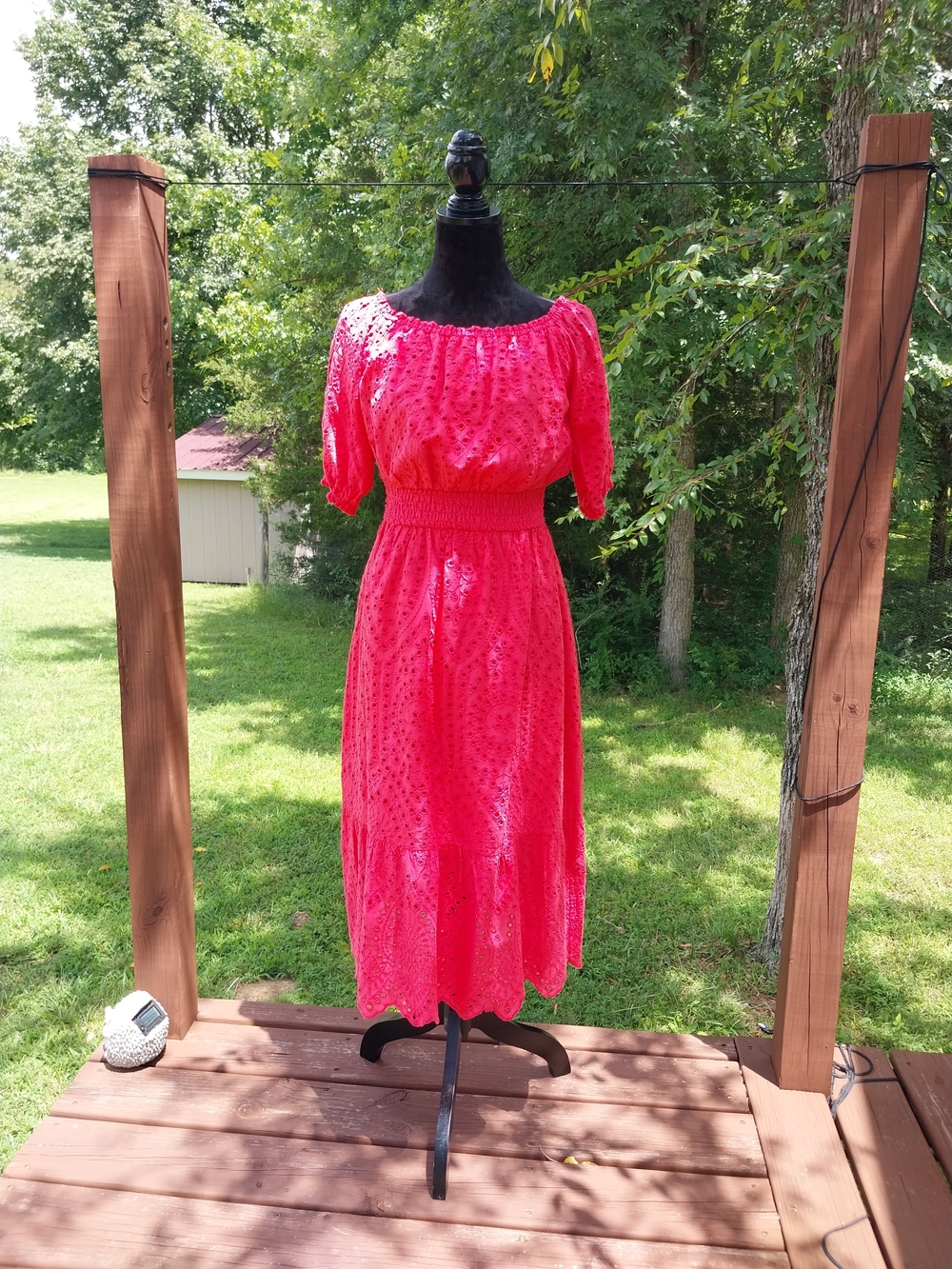 Betsey Johnson Bright Pink Eyelet Midi Dress with Smocked Waist